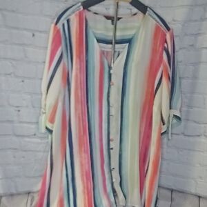 Investments Pink and Green Button Down Shirt with Mandarin Collar